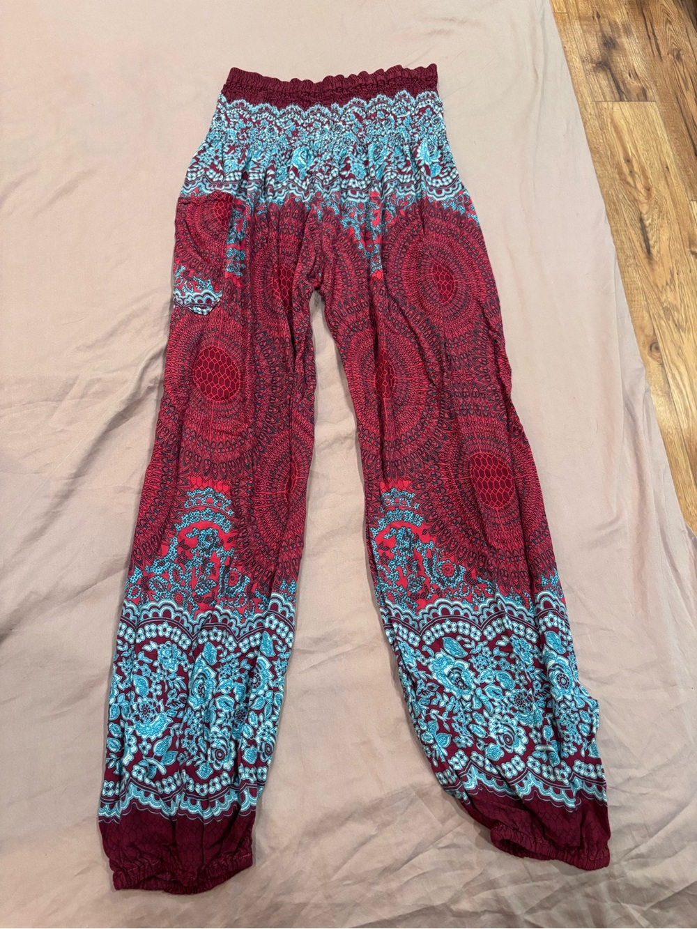 Bohemian Red & Turquoise Printed Elastic Waist Harem Pants